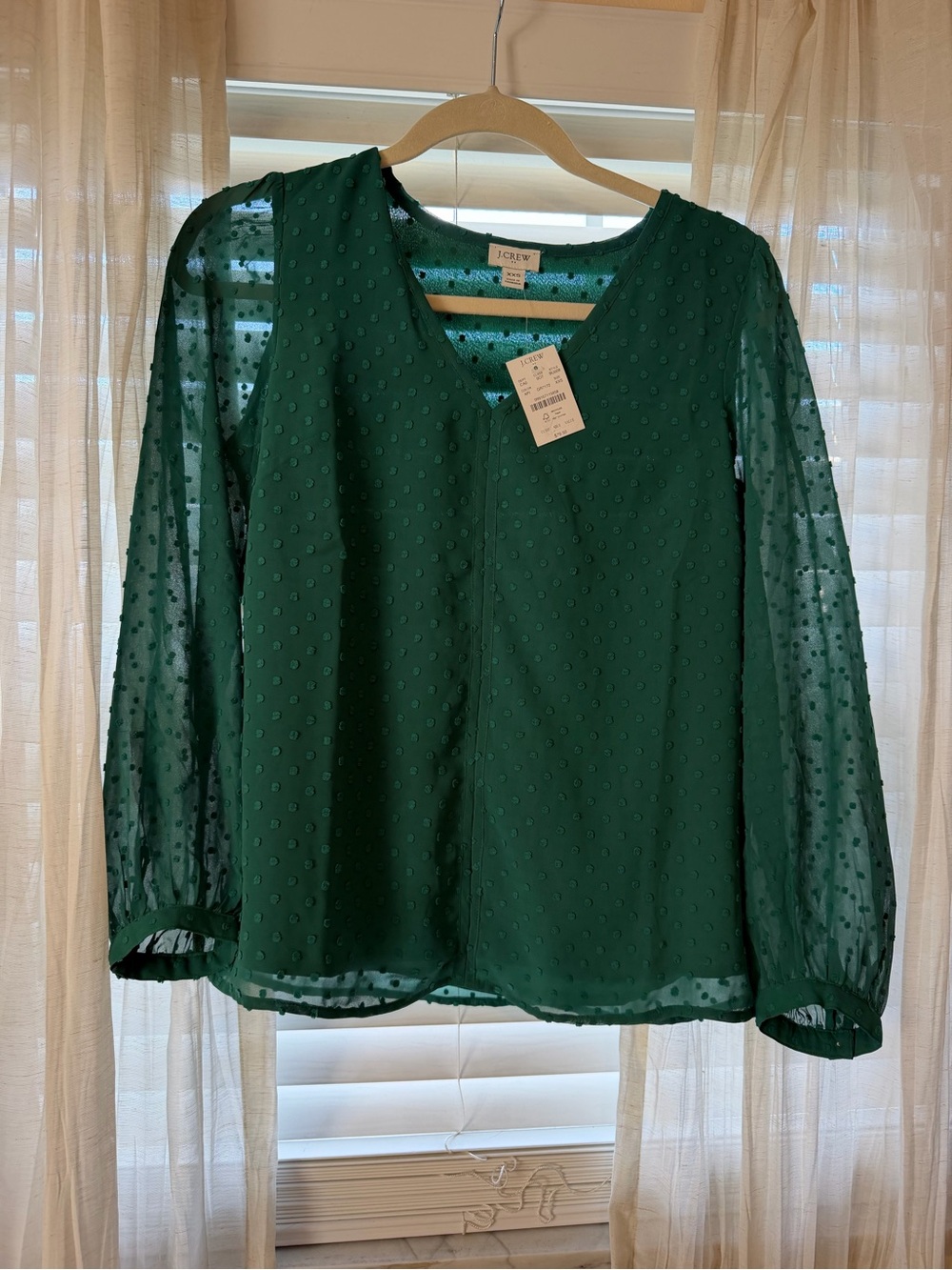 J. Crew Emerald Green Swiss Dot V-Neck Blouse with Sheer Sleeves